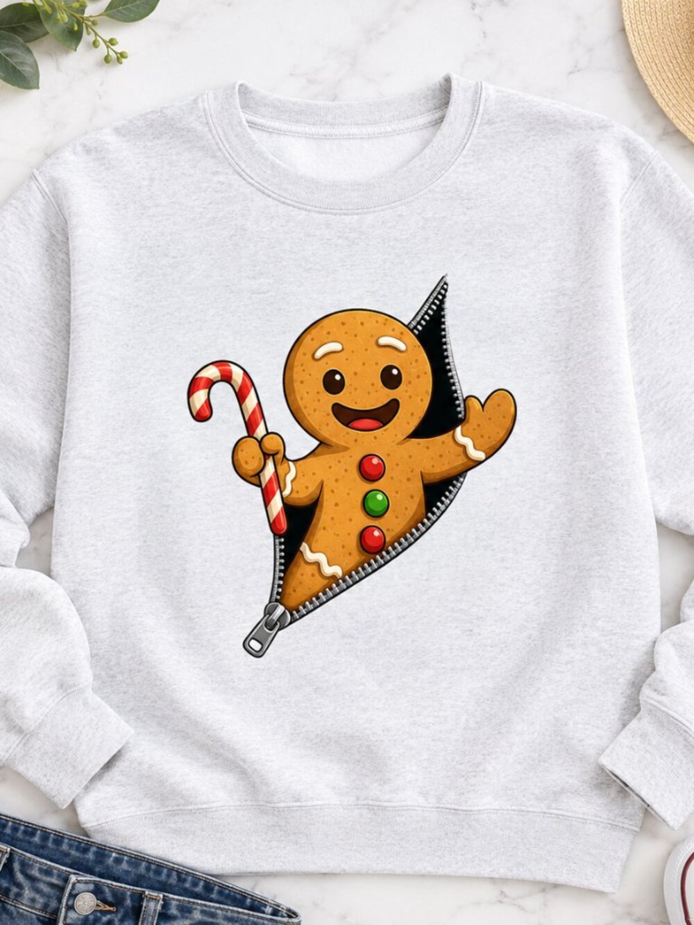 Gingerbread Man Womens Christmas Sweatshirt Zipper Peekaboo Holiday Festive